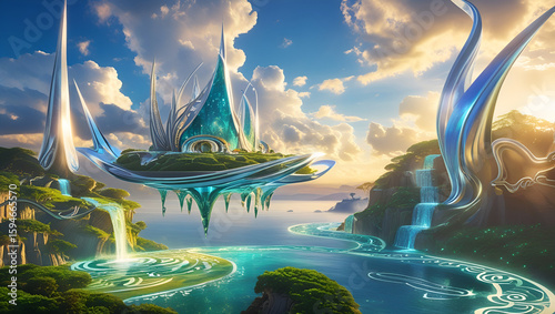 Majestic Glowing Floating Island in Fantasy-Inspired Sky with Ethereal Light and Magical Landscape