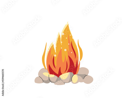 Fireplace, campfire. Burning fire travel and adventure symbol. Bonfire or woodfire in cartoon style. A tourist bonfire in the stone border. Flat vector illustration isolated on white background.