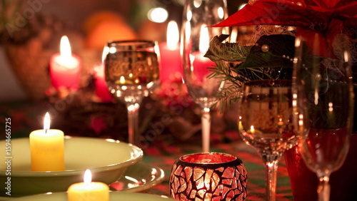 christmas decoration with candles and champagne