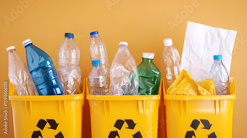 Yellow recycling bins filled with crushed plastic bottles and paper against an orange background, emphasizing waste sorting and environmental care.