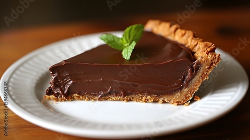 Fototapeta Naklejka Na Ścianę i Meble -  A slice of chocolate tart with a mint leaf garnish, served on a white plate.