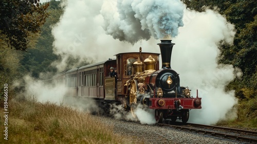 Vintage steam train moving through lush forest, billowing smoke.