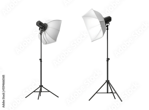 Studio lighting equipment set up in a photography studio isolated on a transparent background