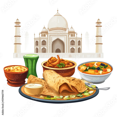 Traditional Indian Cuisine with Taj Mahal in Background, Featuring Curries, Roti, and Refreshing Drinks on transparent background