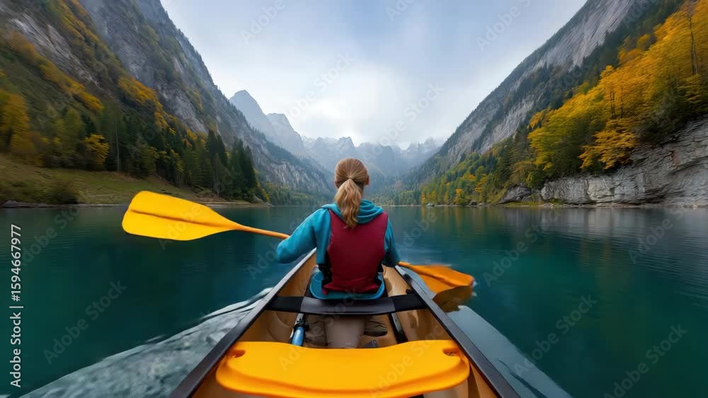 Tranquil kayaking adventure through serene mountain lake surrounded by autumn foliage Tranquil kayaking adventure through serene mountain lake surrounded by autumn foliage