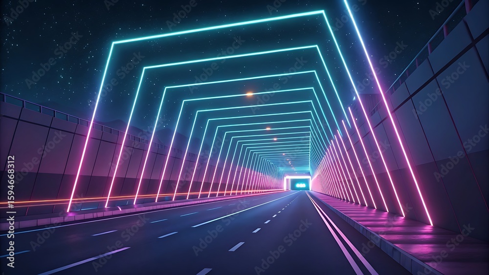 Naklejka premium Neon lights frame, tunnel corridor portal. The geometric contour of the glow forms laser luminous lines. Vector background of road illuminates glowing light line with neon lamp in futuristic style.