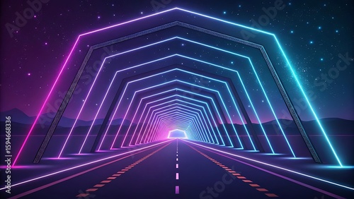 Neon lights frame, tunnel corridor portal. The geometric contour of the glow forms laser luminous lines. Vector background of road illuminates glowing light line with neon lamp in futuristic style.