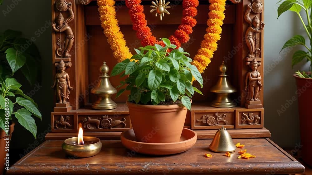 Witness the serene beauty of a Tulsi plant shrine adorned with brass puja items and a vibrant marigold garland bathed in gentle morning light.