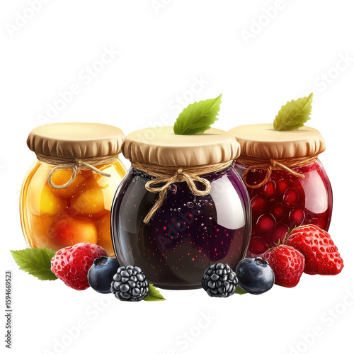 Colorful Jars of Fruit Preserves with Fresh Berries on a White Background on transparent background
