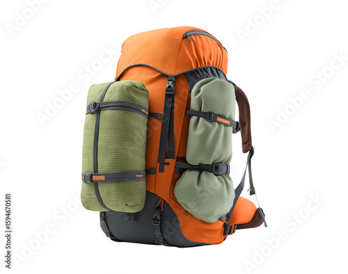 Orange hiking backpack with a sleeping bag isolated on a transparent background