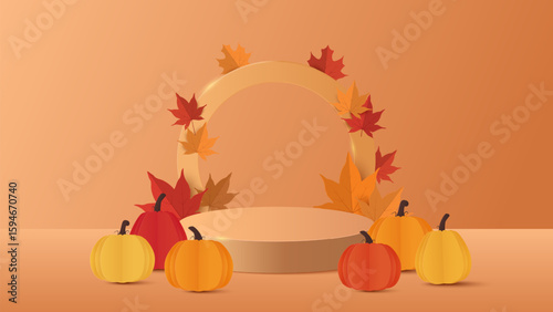 Autumn background. Autumn sale podium with red, yellow maple leaves. Stand product showcase for promotion, product sale. Vector illustration