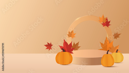 Autumn background. Autumn sale podium with red, yellow maple leaves. Stand product showcase for promotion, product sale. Vector illustration