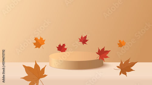 Autumn background. Autumn sale podium with red, yellow maple leaves. Stand product showcase for promotion, product sale. Vector illustration