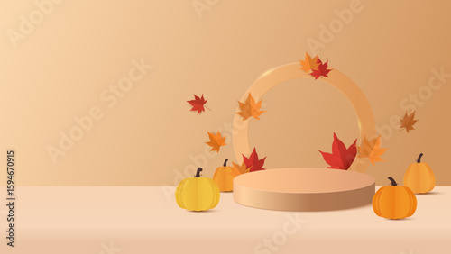 Autumn banner background. Autumn sale podium for product display presentation with red, yellow maple leaves and ornament on the stage. Stand product showcase for promotion, product sale