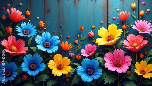 Colorful floral arrangement with blue wooden background and vibrant flowers