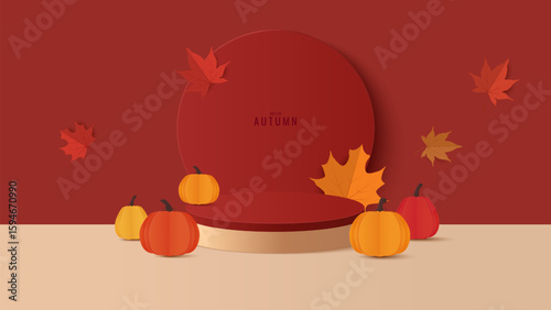 Autumn banner background. Autumn sale podium for product display presentation with red, yellow maple leaves and ornament on the stage. Stand product showcase for promotion, product sale