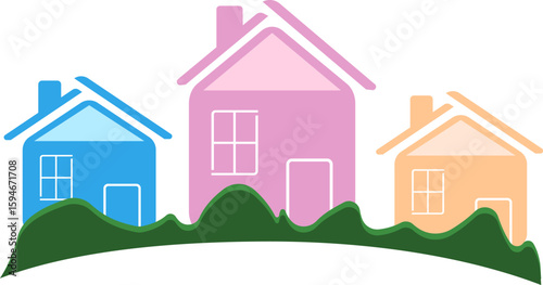 Cartoon style house icon. Houses of different colors.