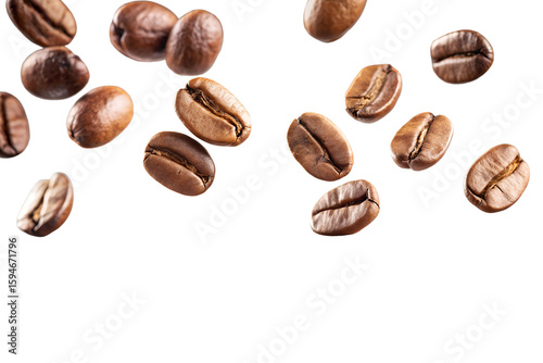 A scattering of roasted coffee beans isolated on transparent background, showcasing their rich aroma and texture