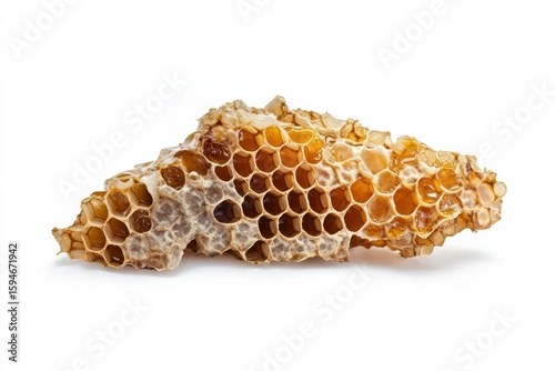 Honeycomb stack on solid white background glimmering in golden hue. AI generative