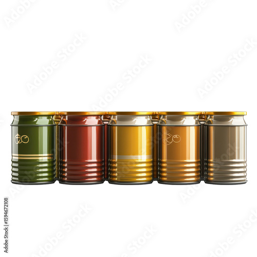 Assorted Colorful Cans of Gourmet Food Products Displayed Neatly on a White Background on transparent background