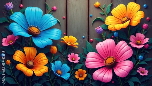 Colorful Floral Arrangement with Wooden Background and Decorative Elements