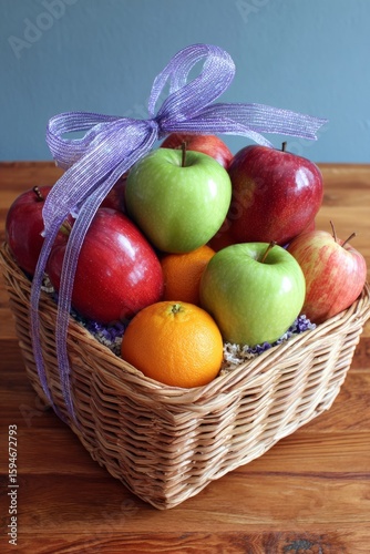 Wallpaper Mural Fruit basket with apples and oranges wrapped in purple bow on wooden table. Teacher Gift Baskets Torontodigital.ca