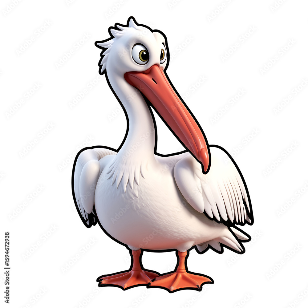 Obraz premium Cartoon pelican standing upright with expressive eyes and smile 