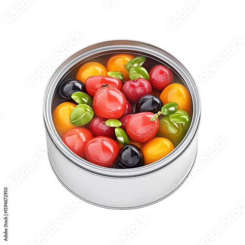 Colorful Assortment of Realistic Candied Fruits in a Round Container on transparent background