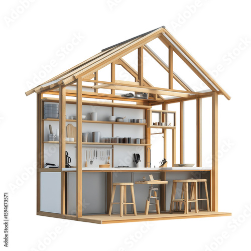 Modern Open Kitchen Design with Wooden Frame and Shelving for a Cozy Cooking Experience on transparent background