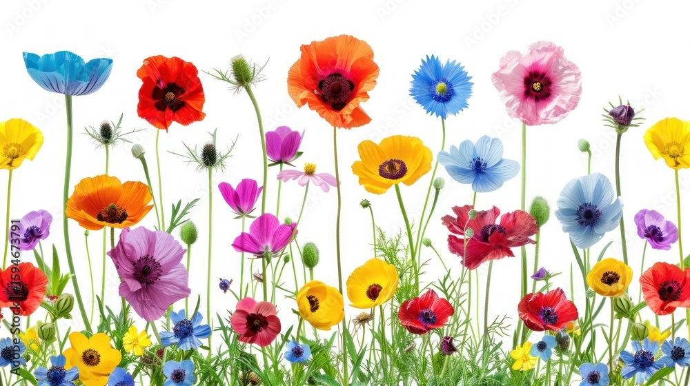 Fototapeta premium Wildflowers in Bloom Against a Bright White Background, Capturing the Essence of Nature and Vibrancy in Floral Beauty