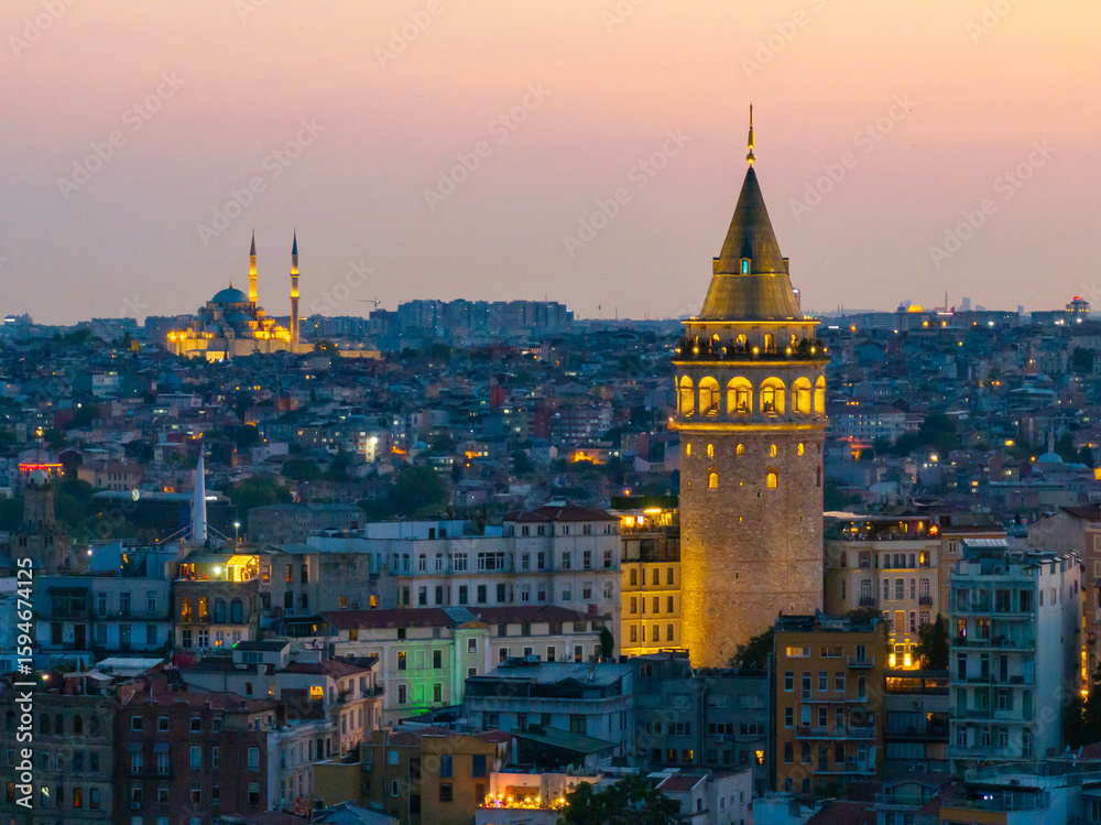 Fototapeta premium Istanbul Icon Galata Tower in the Sunset Lights Drone Photo, Galata Beyoglu, Istanbul Turkiye (Turkey)