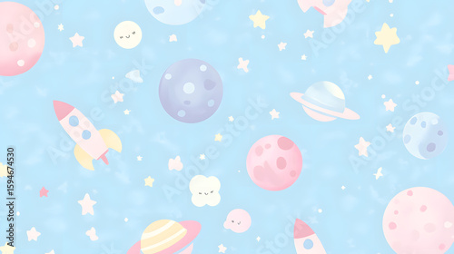 Cute pastel space background with planets stars and rockets for kids design scrapbooking or wallpaper