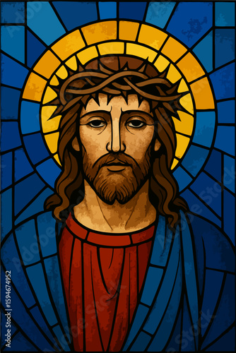 Jesus Christ in stained glass window with crown of thorns