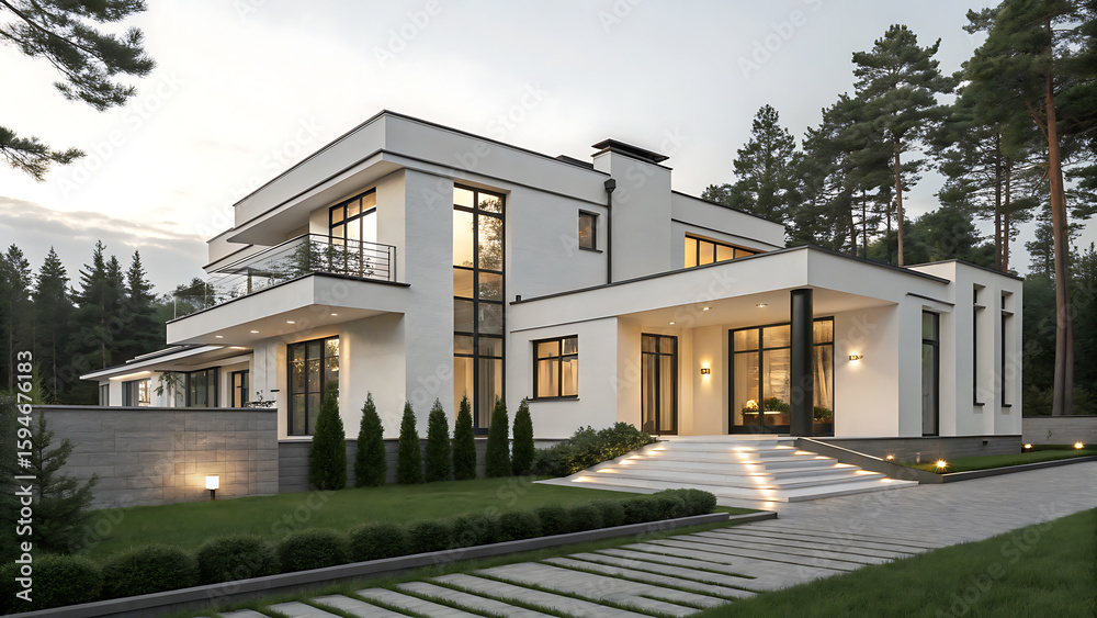 Fototapeta premium A modern architectural marvel stands tall, its sleek design complementing the surrounding lush greenery and serene sky