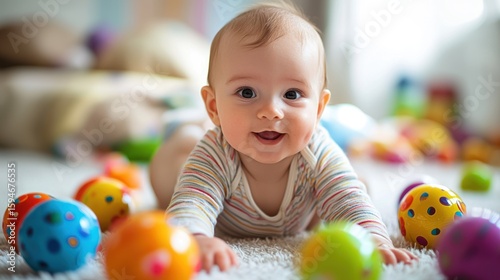 A baby lying on its stomach surrounded by colorful balls in a playroom.