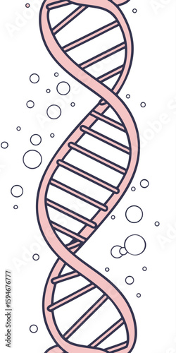 A pink DNA helix with white bubbles on a white background, scientific illustration, simple design, educational material, molecular biology conce