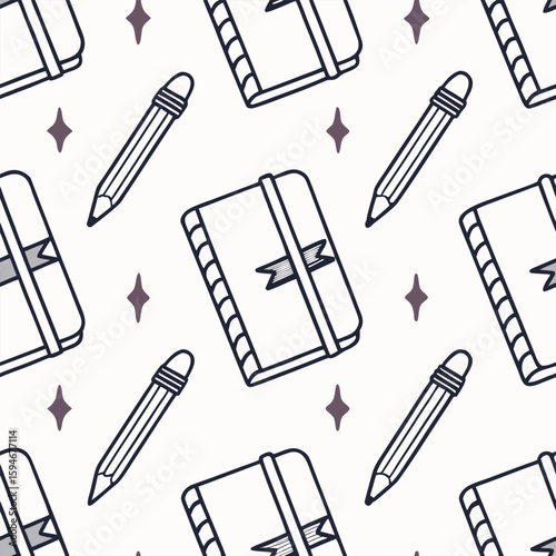 Repeating diary and pencil icon vector pattern, journaling and self-reflection theme