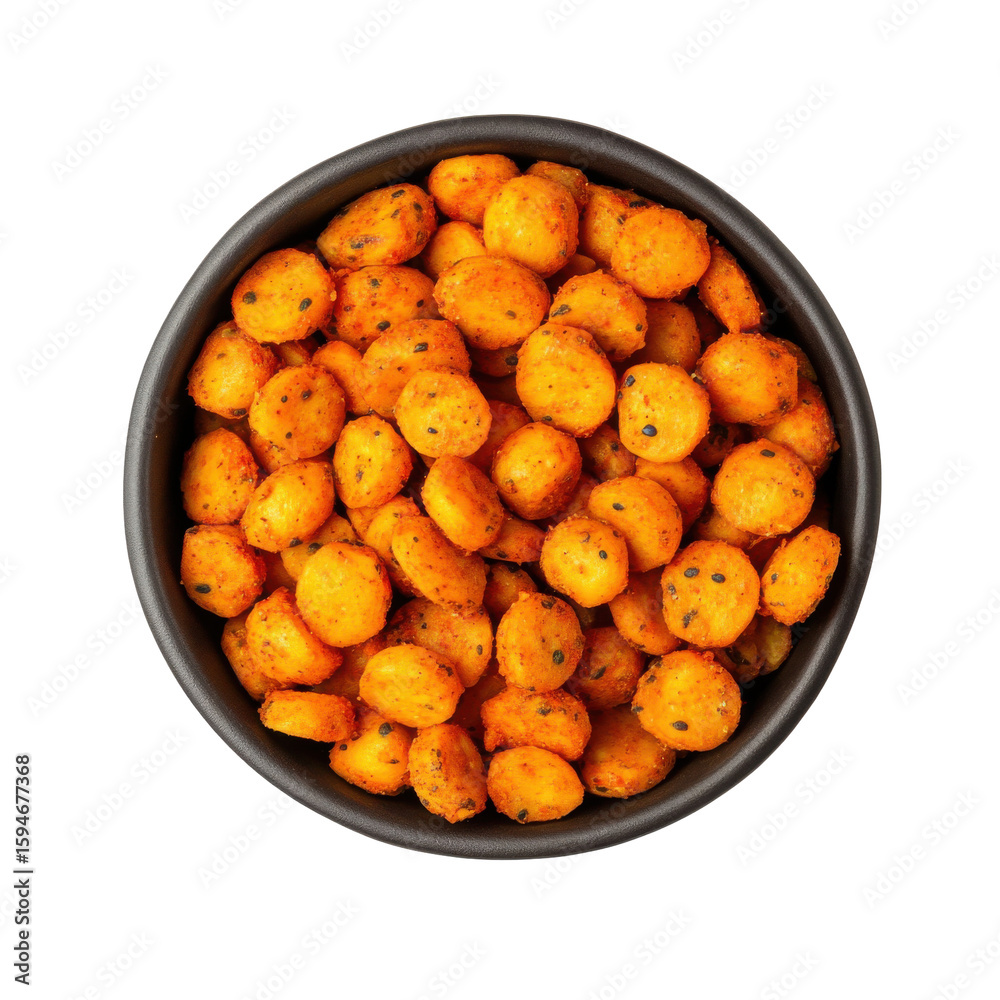 Crunchy Spicy Snack Balls in a Black Bowl, Perfect for Parties and Gatherings on transparent background Crunchy Spicy Snack Balls in a Black Bowl, Perfect for Parties and Gatherings on transparent background