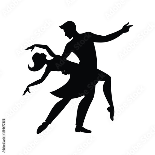 Dynamic black silhouette of a salsa couple in a mid dip pose capturing passionate movement