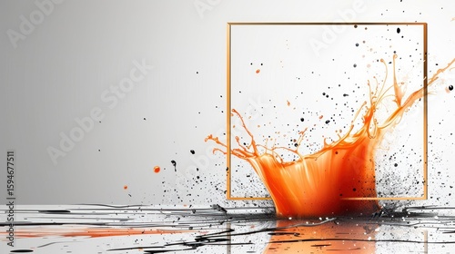 Orange Paint Splash Inside a Square Frame Against a Neutral Background with Dripping Black Paint and Dynamic Energy Effects