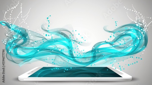 Abstract Digital Waves Flowing Around a Modern Smartphone on Soft Gray Background
