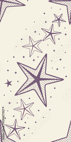 Scattered stars with varying opacity and size, light gold on Lavender, dreamlike vector background