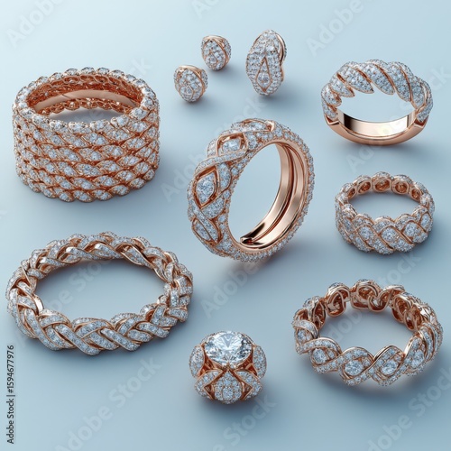 Elegant display of intricately designed gold rings adorned with sparkling diamonds, showcasing various styles and patterns perfectly suited for special occasions or everyday wear