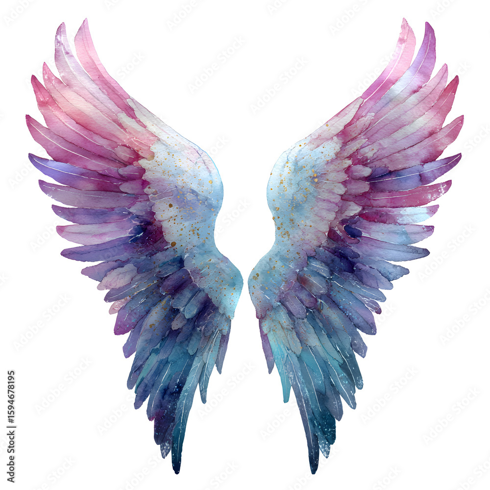 Fototapeta premium Watercolor Angel Wings Illustration with Gold Accents on White Background - Fantasy, Spirituality, and Artistic Design