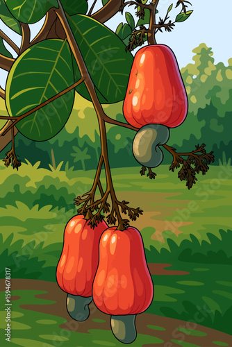 The image is a colorful, cartoon-style illustration of a cashew tree branch bearing ripe cashew apples. Each bright red cashew apple has a kidney-shaped gray cashew nut hanging from its bottom. The tr