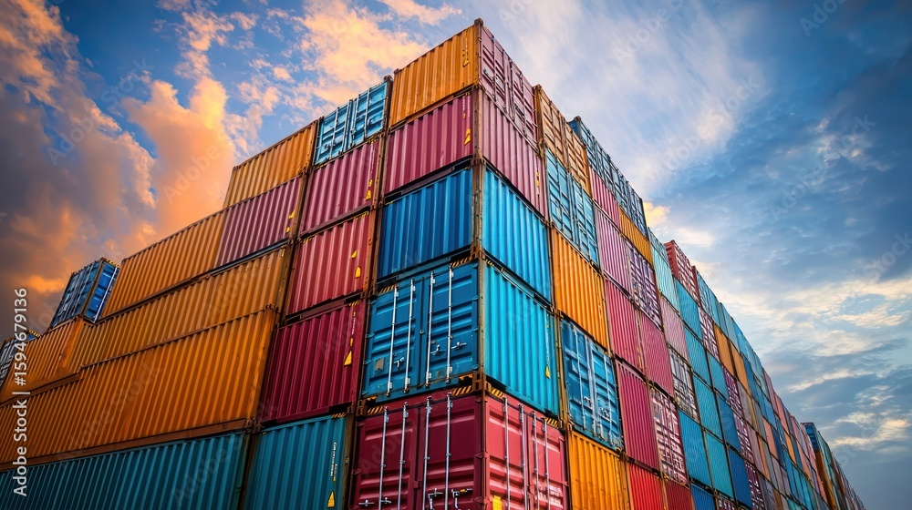 Fototapeta premium A colorful stack of shipping containers against a cloudy sky.