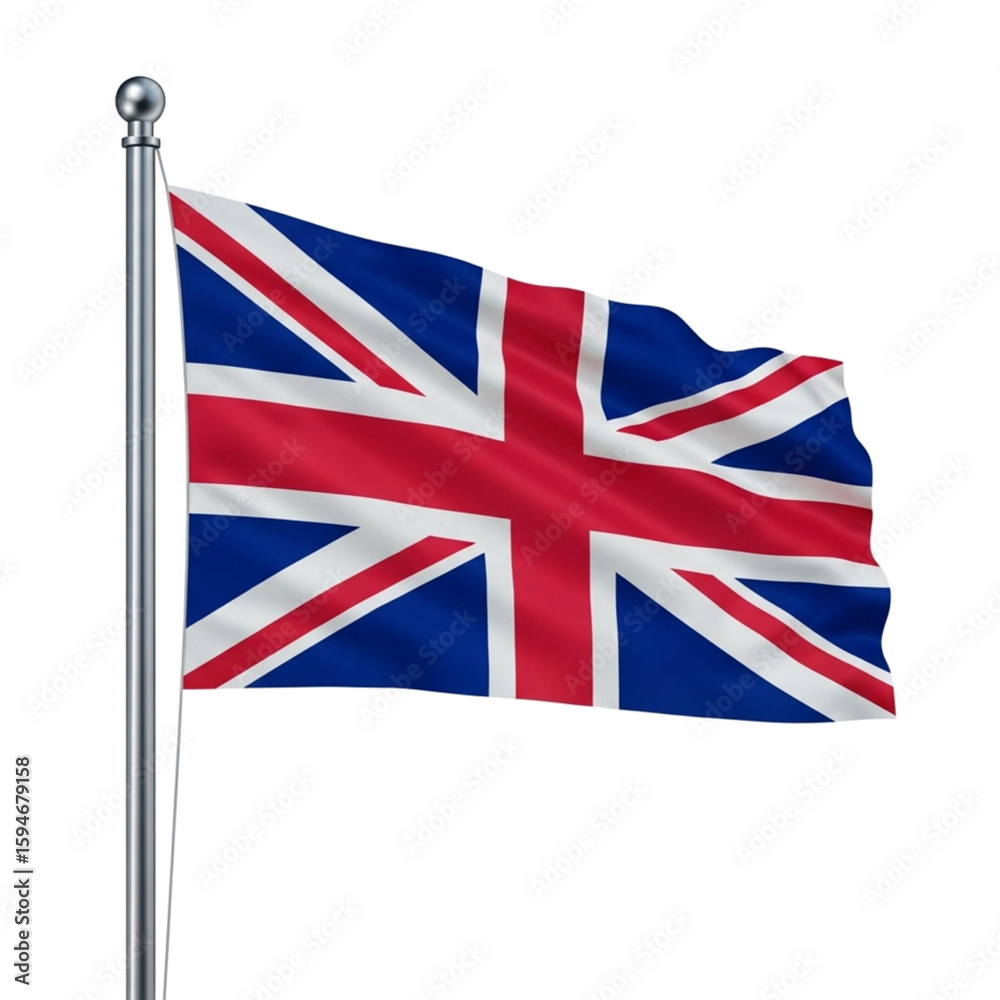United Kingdom flag waving proudly on a flagpole against a plain white background. United Kingdom flag waving proudly on a flagpole against a plain white background.