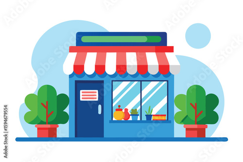 Cartoon storefront illustration blue building with striped awning and potted plants image