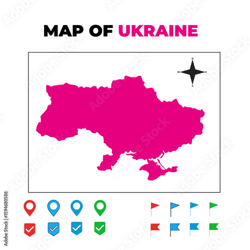 Detailed Vector Map of Ukraine with Navigation Icons and Location Pins - Geographic Outline, Silhouette, and Territory Highlight for Eastern European Travel, Culture, and Design Projects

