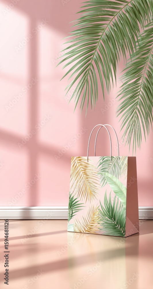 Fototapeta premium Pink room with a shopping bag featuring tropical leaves.